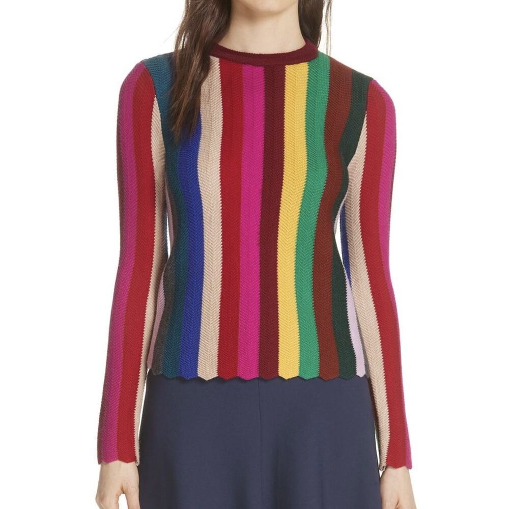 Milly Sweater Womens P( 0-2) Chevron Stripe Wool Blend Scallop Hem Sweater